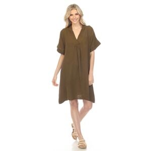 Honest Cotton Tulum Olive Green Gauze V-Neck Short Sleeve Mini Dress OS